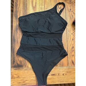 Blooming Jelly Black Sheer Panels One Shoulder Slimming One Piece Swimsuit XL